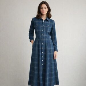 Polo Ralph Lauren maxi shirt dress women M flannel navy/blue plaid button down